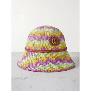 NEW GUCCI  Embellished Leather-Trimmed Straw Bucket Hat $1,190 SZ S